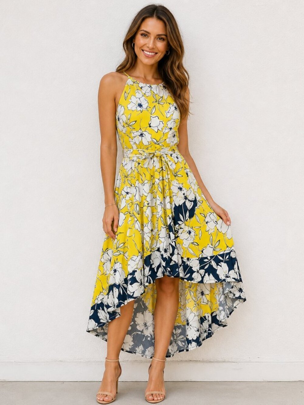 Eliza J Floral Dress Ruffle Midi Yellow Blue Size 4